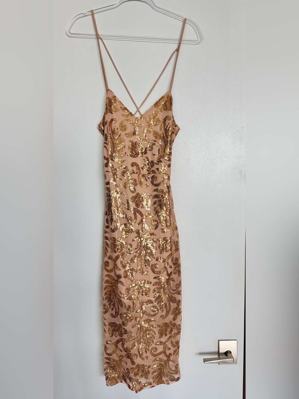 Stabbing bebe Blush Pink Midi Slip Dress with Gold Sequin Swirl